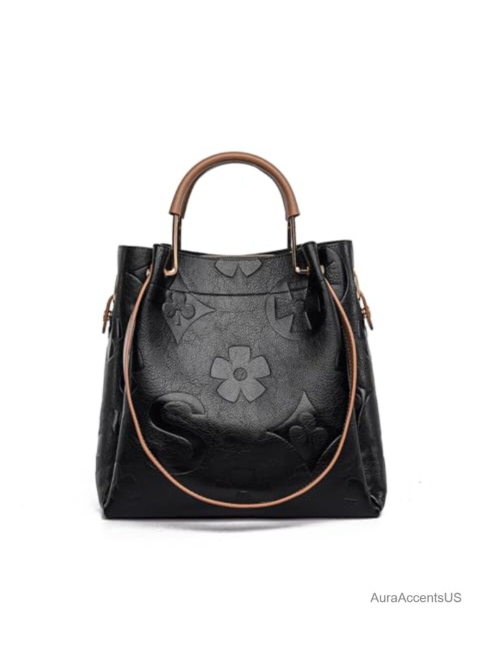 Floral Embossed Vegan Leather Satchel Handbag Set Top Handle Shoulder Bucket